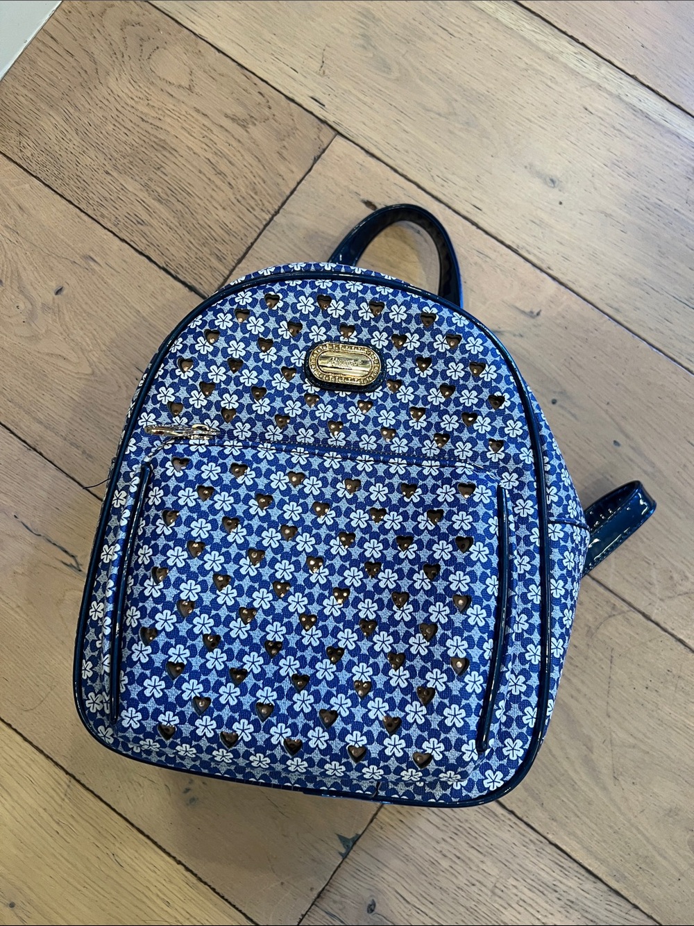 Blue Floral Mini Backpack with Gold Accent